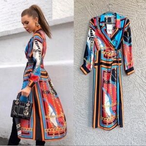 NWT Zara Chain Link Print Midi Wrap Dress Blue Orange Rare NWT